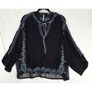 Free People Eden Tunic Top Boho Embroidered Sheer Oversized Black Womens Small
